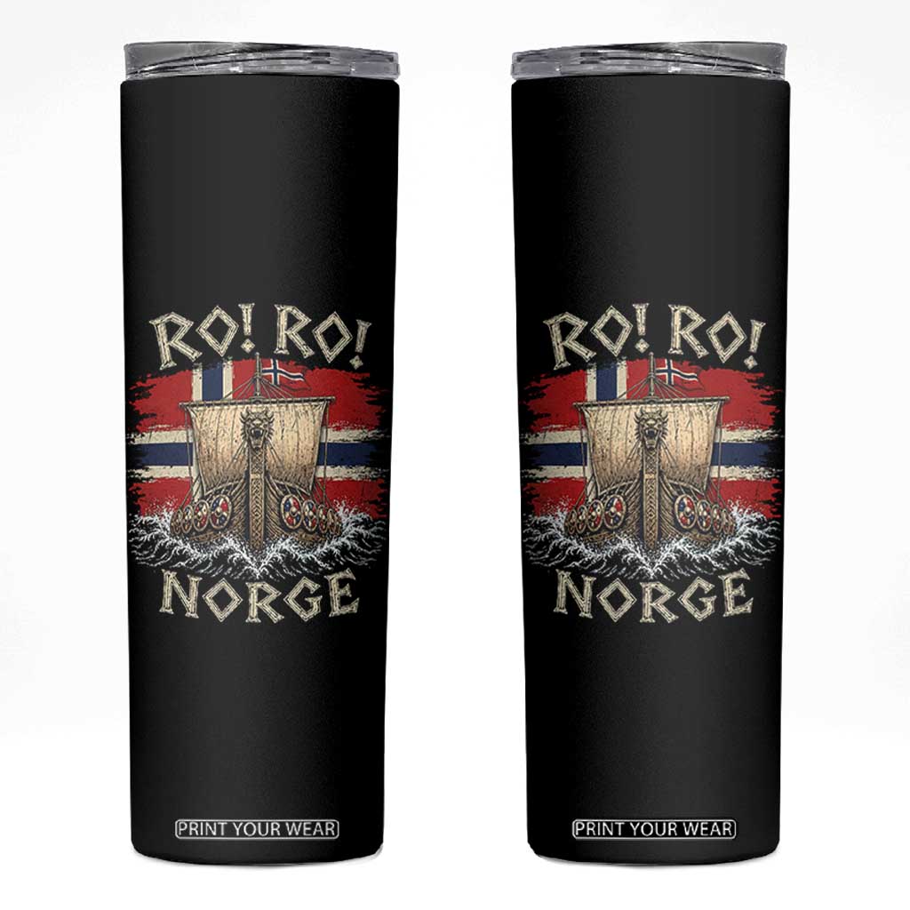 Retro Norge Viking Longship Ro Ro Skinny Tumbler Patriotic Norge Norwegian Flag Funny Rowing Support TS02 Black Print Your Wear