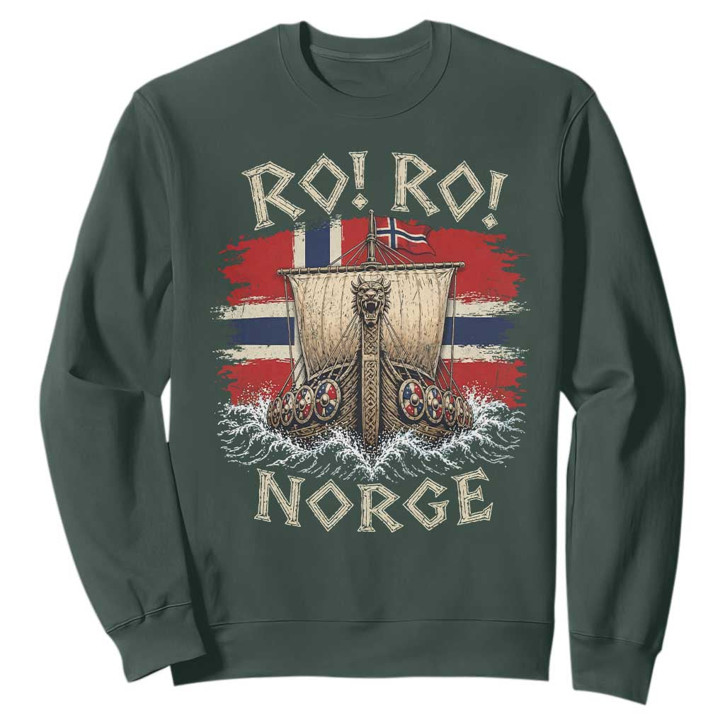 Retro Norge Viking Longship Ro Ro Sweatshirt Patriotic Norge Norwegian Flag Funny Rowing Support TS02 Dark Forest Green Print Your Wear