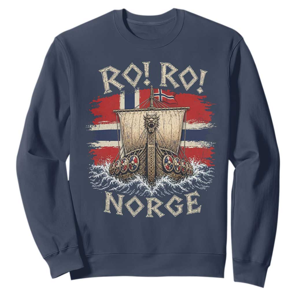 Retro Norge Viking Longship Ro Ro Sweatshirt Patriotic Norge Norwegian Flag Funny Rowing Support TS02 Navy Print Your Wear