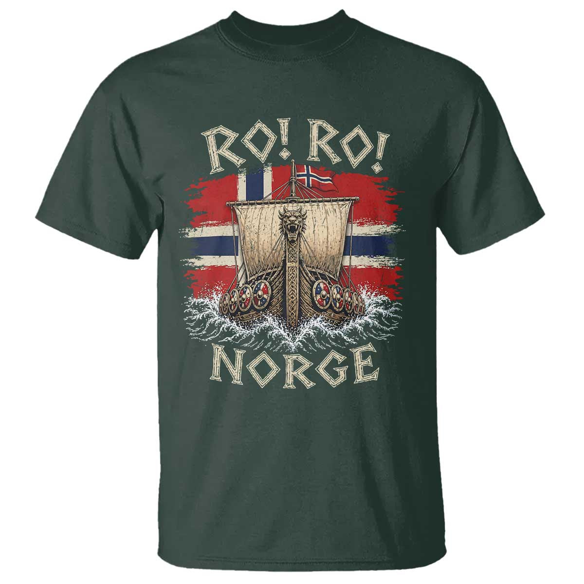Retro Norge Viking Longship Ro Ro T Shirt Patriotic Norge Norwegian Flag Funny Rowing Support TS02 Dark Forest Green Print Your Wear