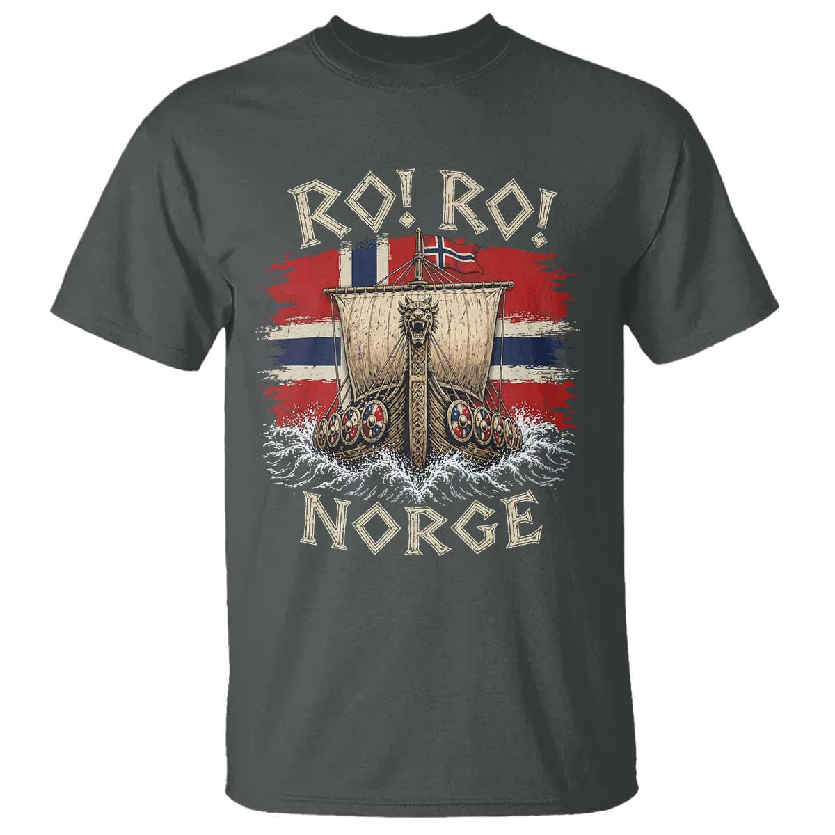 Retro Norge Viking Longship Ro Ro T Shirt Patriotic Norge Norwegian Flag Funny Rowing Support TS02 Dark Heather Print Your Wear