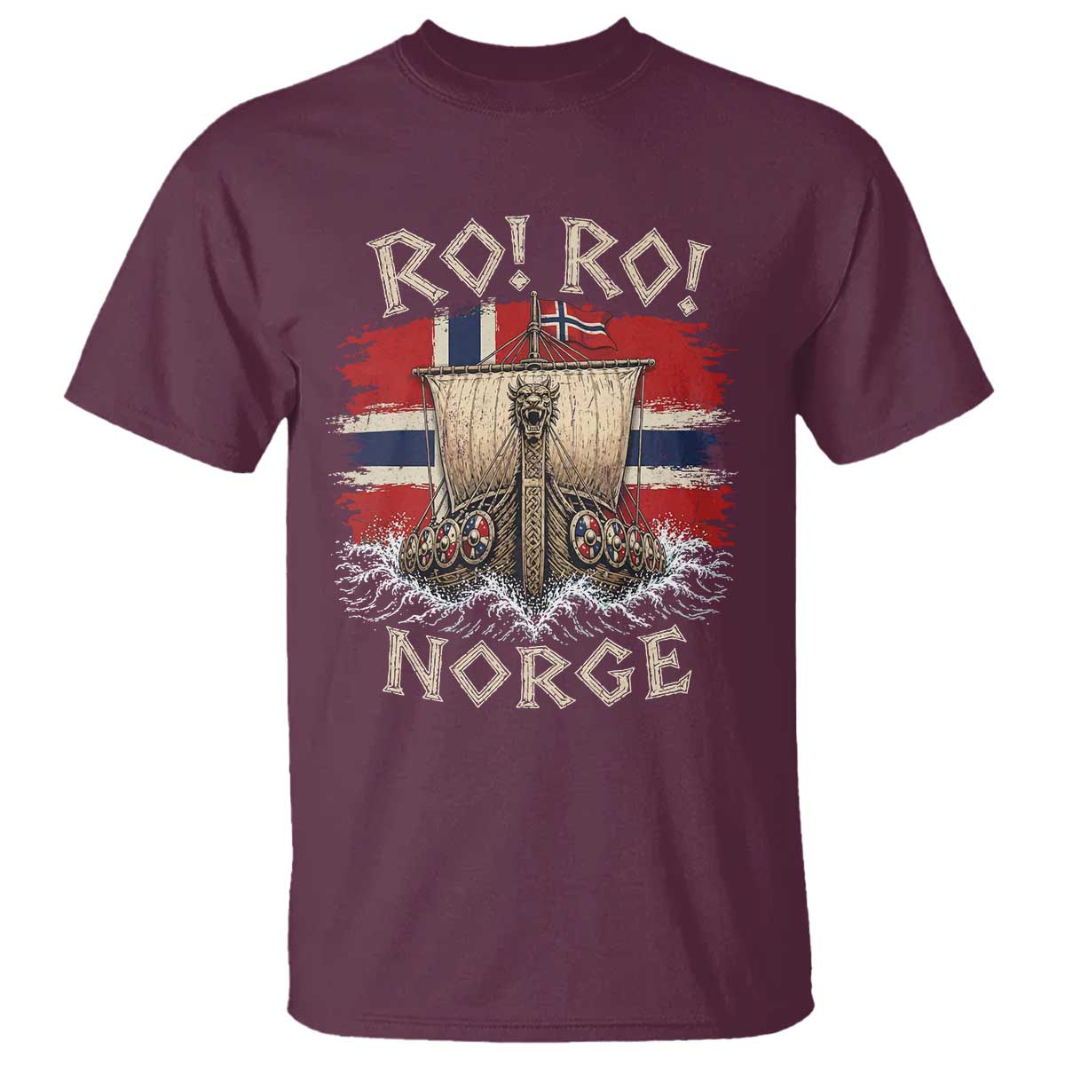 Retro Norge Viking Longship Ro Ro T Shirt Patriotic Norge Norwegian Flag Funny Rowing Support TS02 Maroon Print Your Wear
