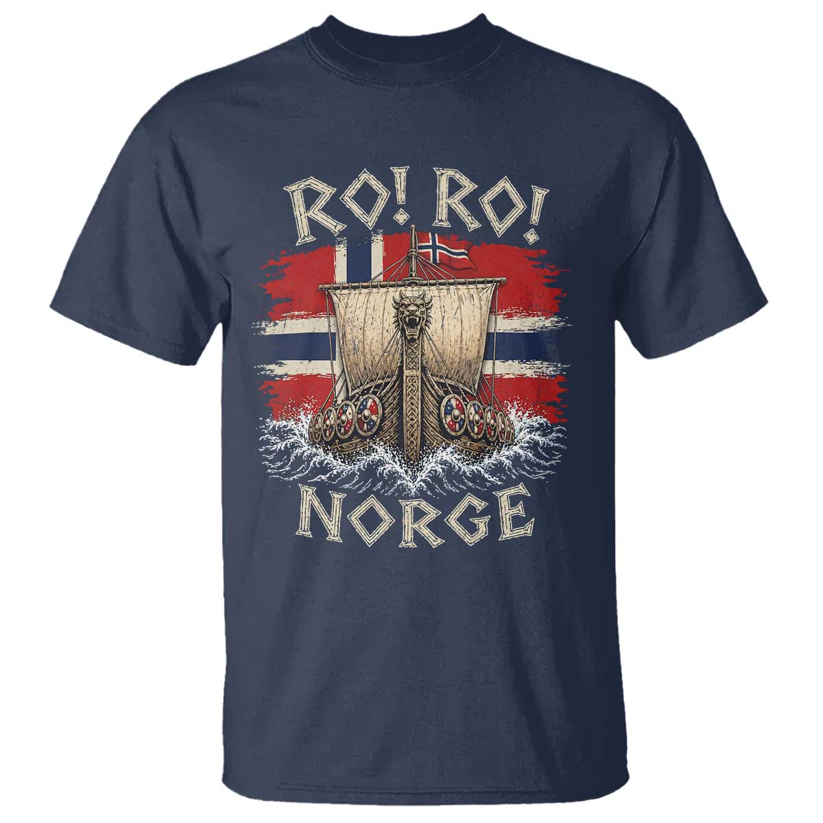 Retro Norge Viking Longship Ro Ro T Shirt Patriotic Norge Norwegian Flag Funny Rowing Support TS02 Navy Print Your Wear
