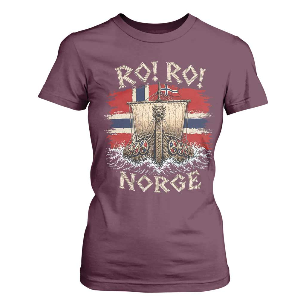 Retro Norge Viking Longship Ro Ro T Shirt For Women Patriotic Norge Norwegian Flag Funny Rowing Support TS02 Maroon Print Your Wear