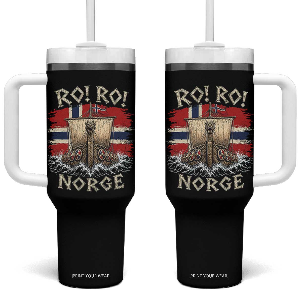 Retro Norge Viking Longship Ro Ro Tumbler With Handle Patriotic Norge Norwegian Flag Funny Rowing Support TS02 One Size: 40 oz Black Print Your Wear