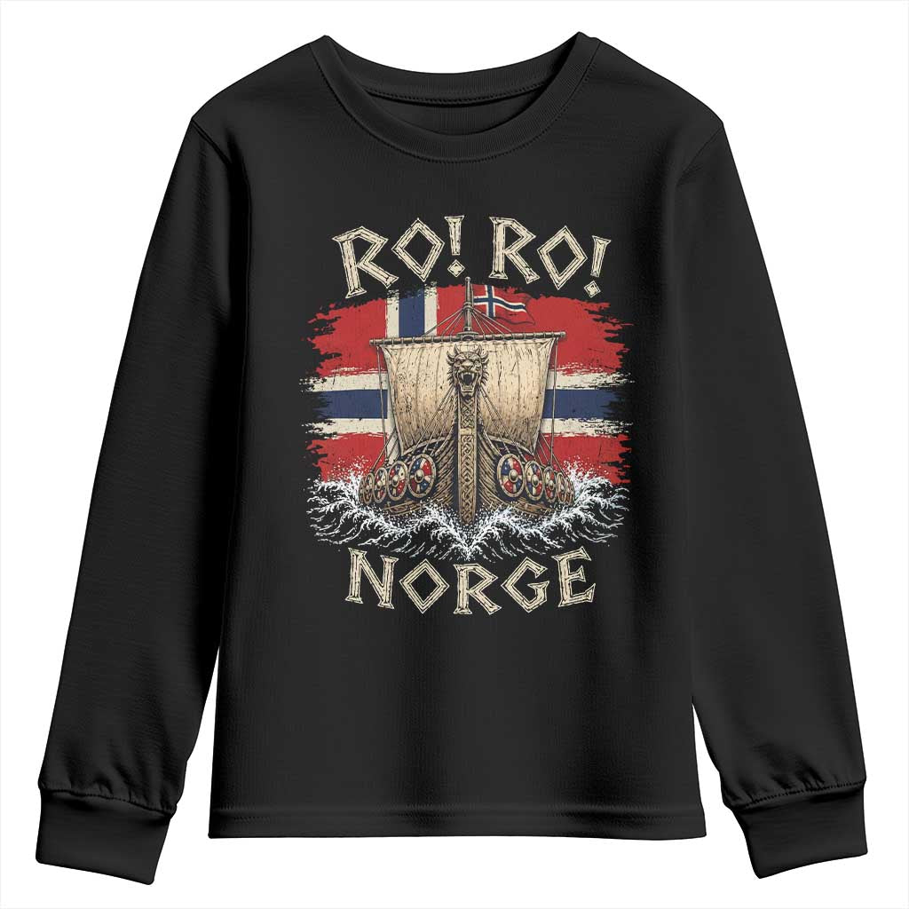 Retro Norge Viking Longship Ro Ro Youth Sweatshirt Patriotic Norge Norwegian Flag Funny Rowing Support TS02 Black Print Your Wear