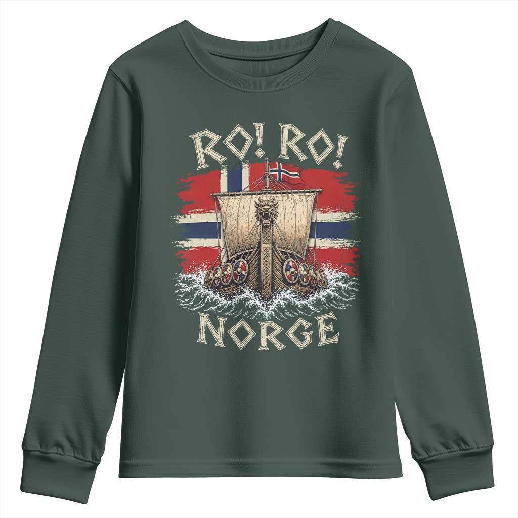 Retro Norge Viking Longship Ro Ro Youth Sweatshirt Patriotic Norge Norwegian Flag Funny Rowing Support TS02 Dark Forest Green Print Your Wear