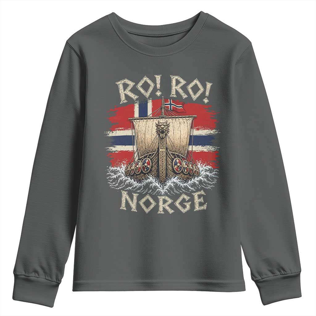 Retro Norge Viking Longship Ro Ro Youth Sweatshirt Patriotic Norge Norwegian Flag Funny Rowing Support TS02 Dark Heather Print Your Wear