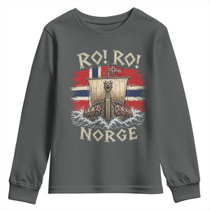 Retro Norge Viking Longship Ro Ro Youth Sweatshirt Patriotic Norge Norwegian Flag Funny Rowing Support TS02 Dark Heather Print Your Wear