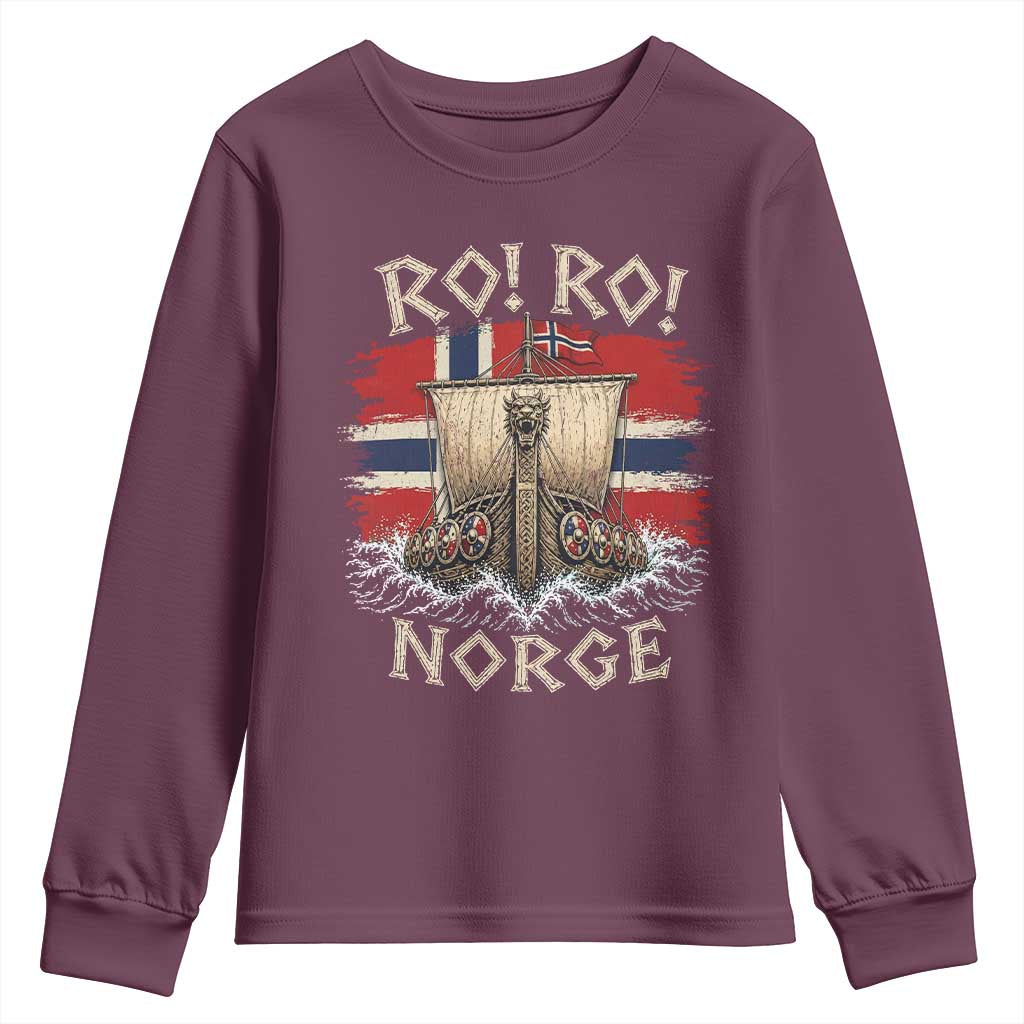 Retro Norge Viking Longship Ro Ro Youth Sweatshirt Patriotic Norge Norwegian Flag Funny Rowing Support TS02 Maroon Print Your Wear