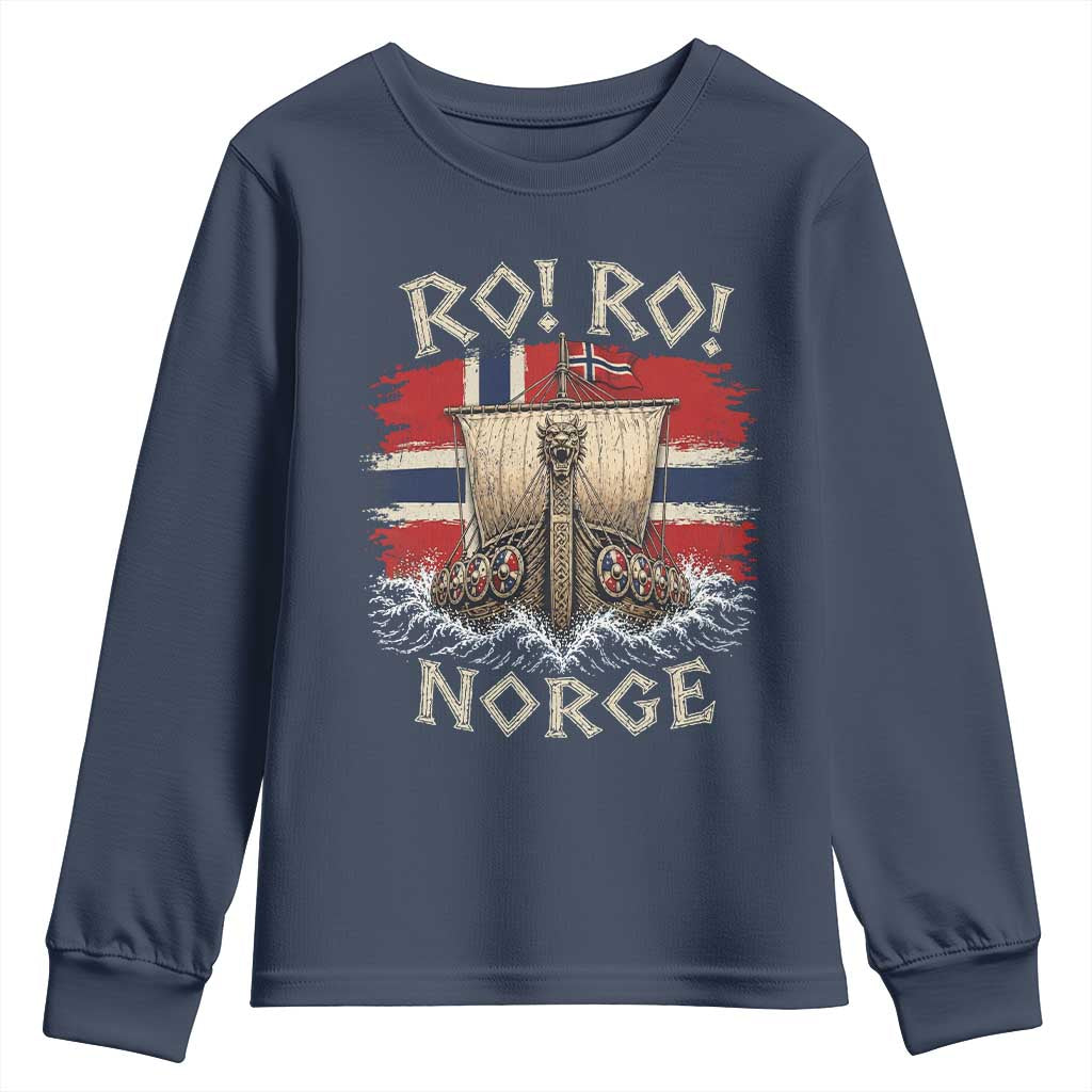 Retro Norge Viking Longship Ro Ro Youth Sweatshirt Patriotic Norge Norwegian Flag Funny Rowing Support TS02 Navy Print Your Wear