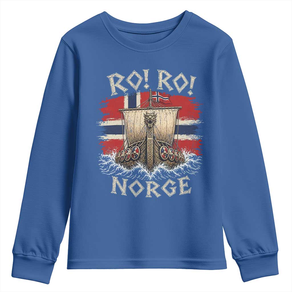 Retro Norge Viking Longship Ro Ro Youth Sweatshirt Patriotic Norge Norwegian Flag Funny Rowing Support TS02 Royal Blue Print Your Wear