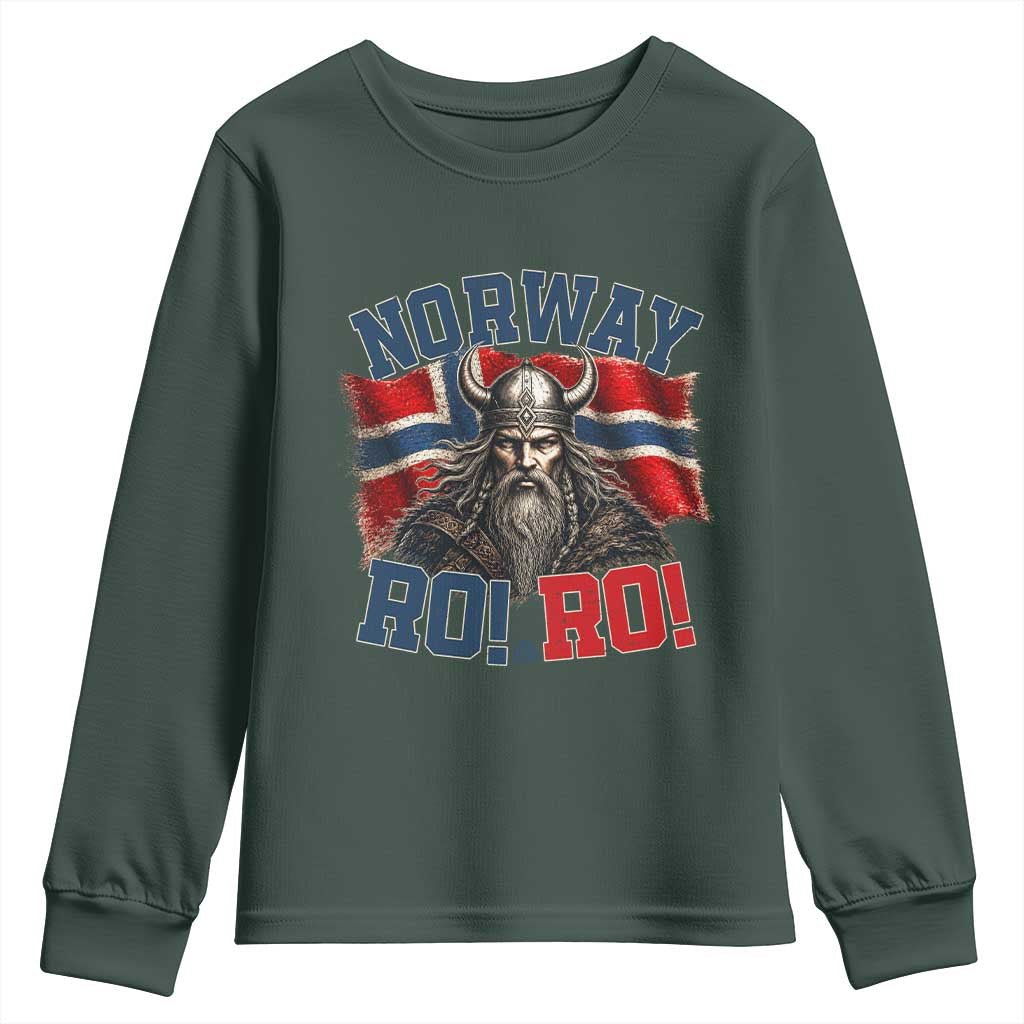Fierce Norway Viking Warrior Ro Ro Youth Sweatshirt Patriotic Norge Norwegian Flag Funny Rowing Support TS02 Dark Forest Green Print Your Wear
