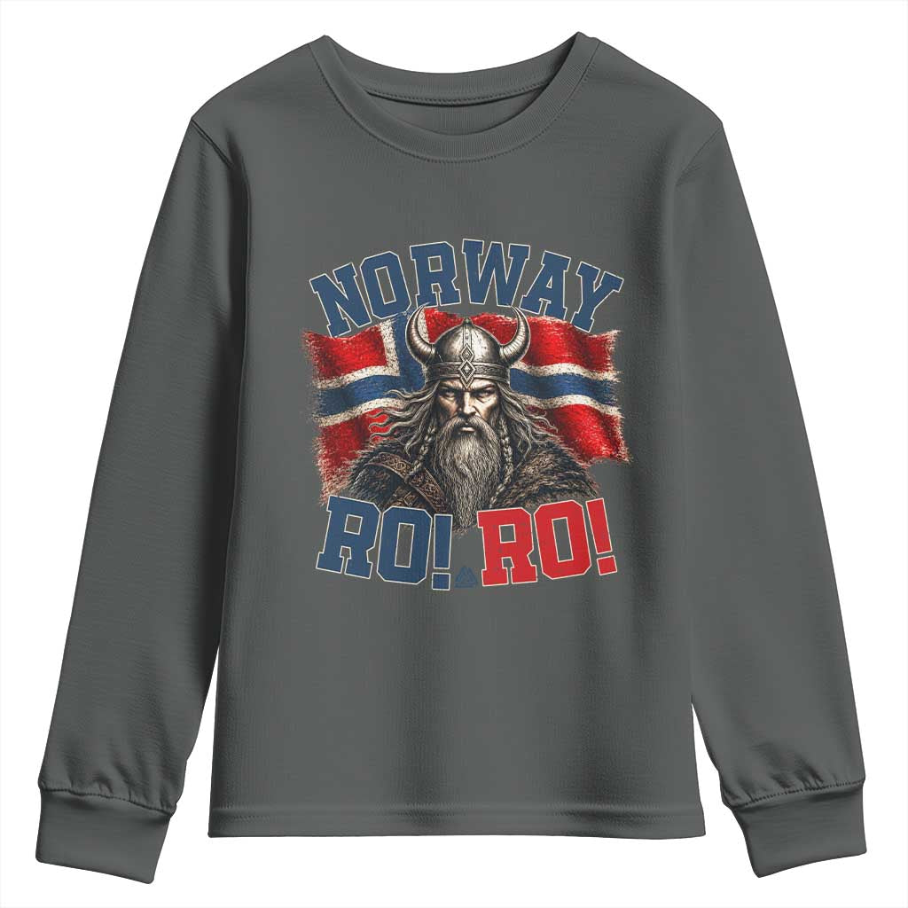 Fierce Norway Viking Warrior Ro Ro Youth Sweatshirt Patriotic Norge Norwegian Flag Funny Rowing Support TS02 Dark Heather Print Your Wear