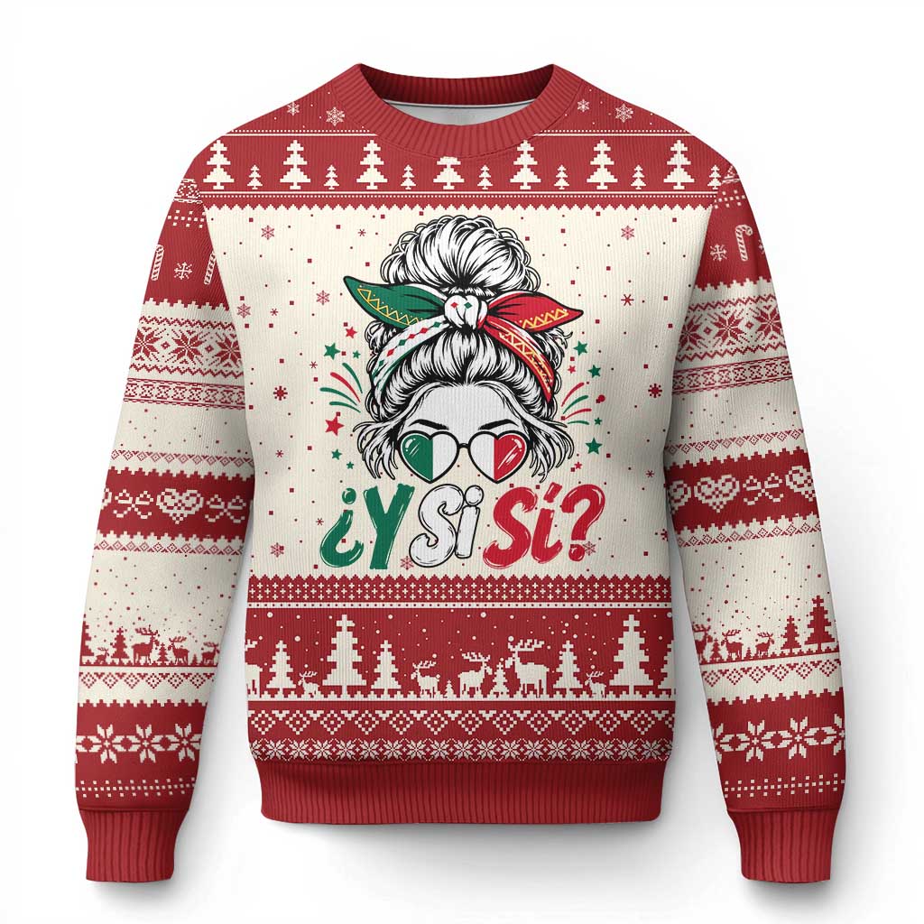 Y Si Si Mexican Flag Messy Bun with Sunglasses Graphic Ugly Christmas Sweater What If Yes Mexico Latina Pride TS02 Beige Red Print Your Wear