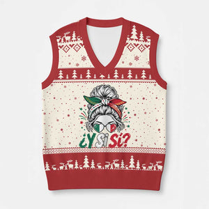 Y Si Si Mexican Flag Messy Bun with Sunglasses Graphic V-Neck Knit Sweater Vest What If Yes Mexico Latina Pride TS02 Beige Red Print Your Wear