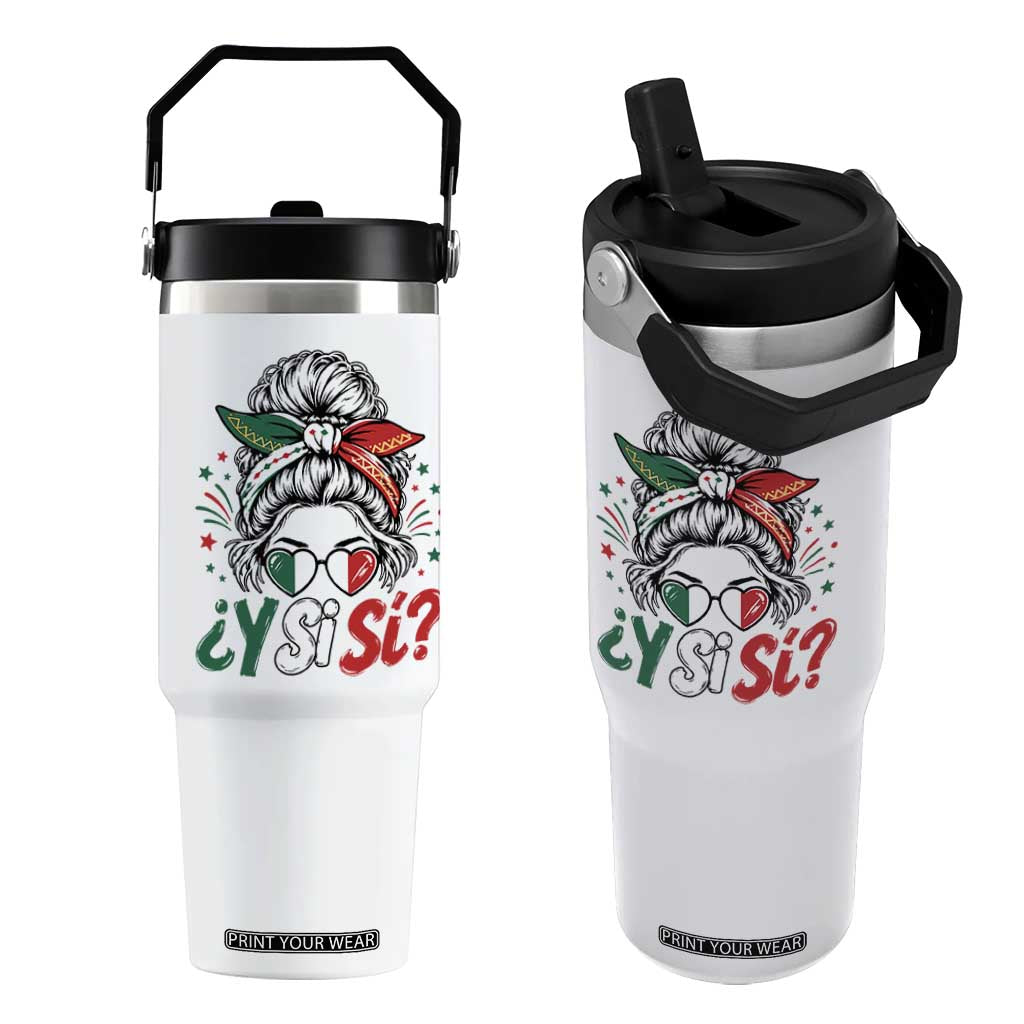 Y Si Si Mexican Flag Messy Bun with Sunglasses Graphic Flip Straw Tumbler What If Yes Mexico Latina Pride TS02 One Size: 30 oz White Print Your Wear