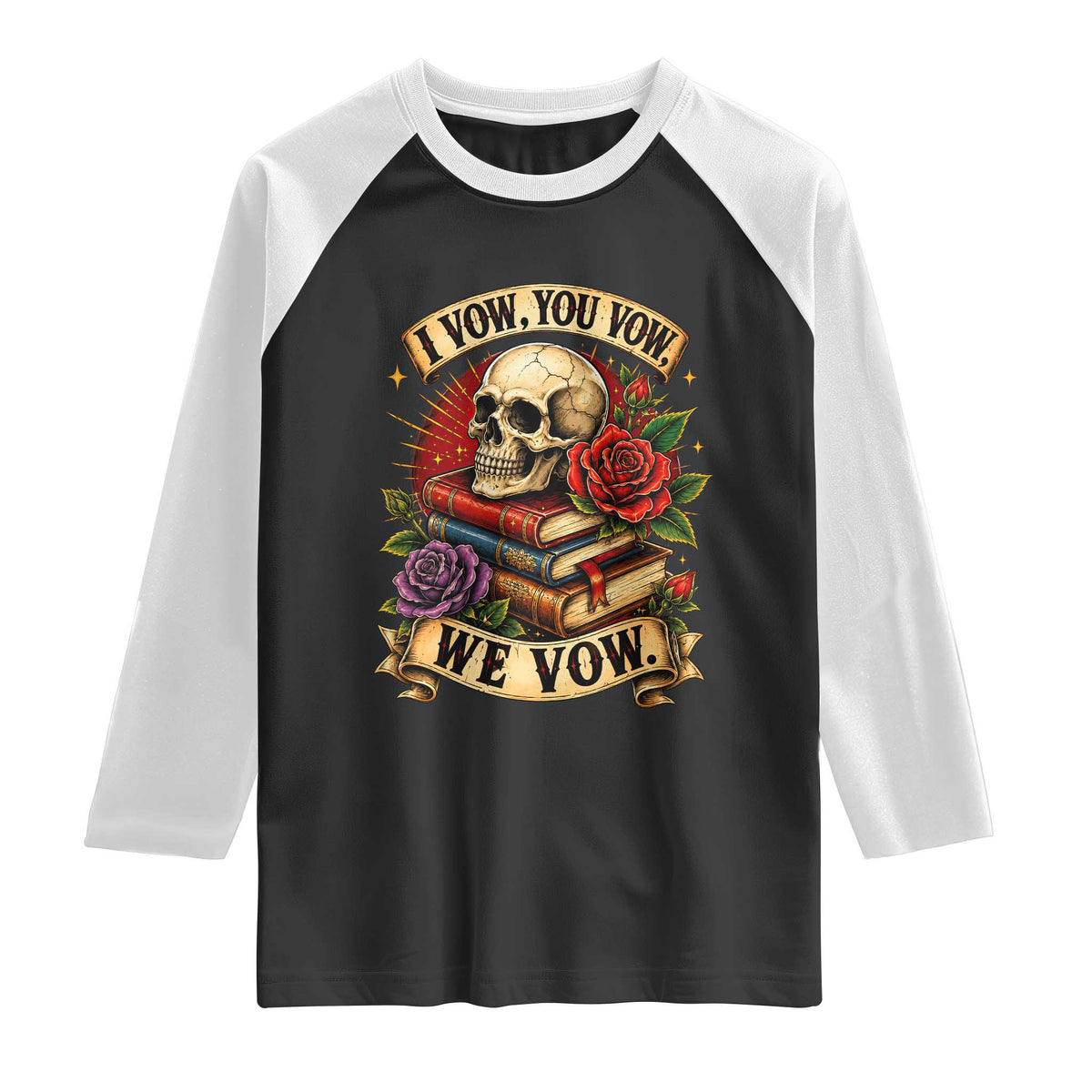Vintage Skull Roses Gothic Dark Academia Aesthetic Raglan Shirt I Vow You Vow We Vow Fantasy Fiction Bookish Gift