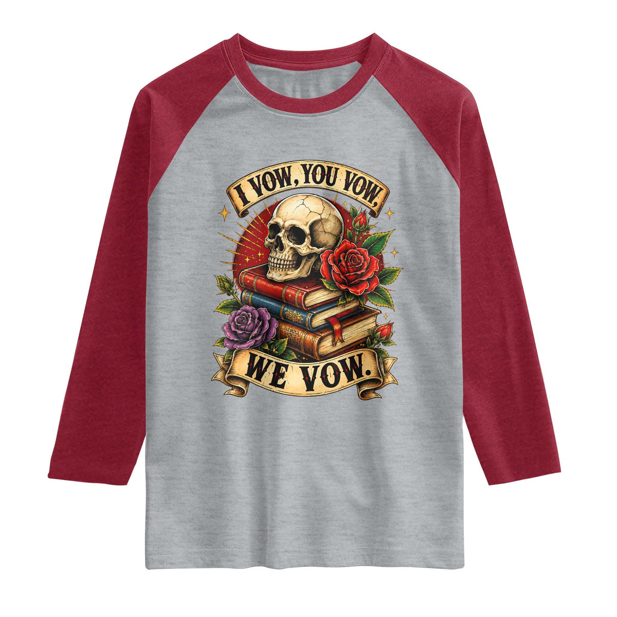 Vintage Skull Roses Gothic Dark Academia Aesthetic Raglan Shirt I Vow You Vow We Vow Fantasy Fiction Bookish Gift