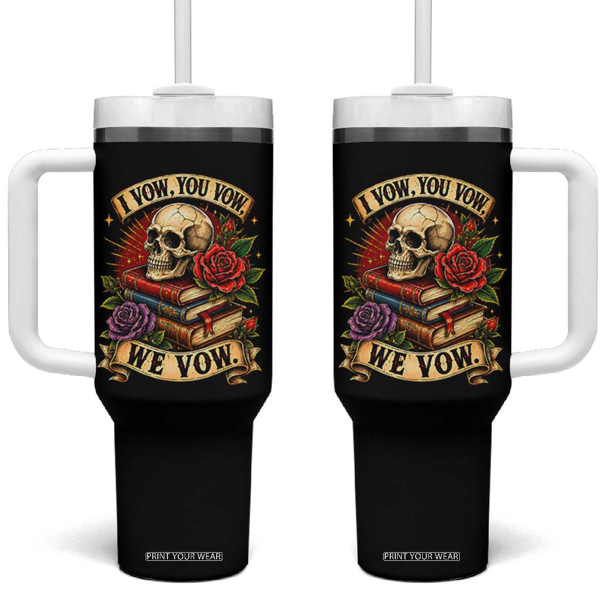 Vintage Skull Roses Gothic Dark Academia Aesthetic Tumbler With Handle I Vow You Vow We Vow Fantasy Fiction Bookish Gift TS02 One Size: 40 oz Black Print Your Wear