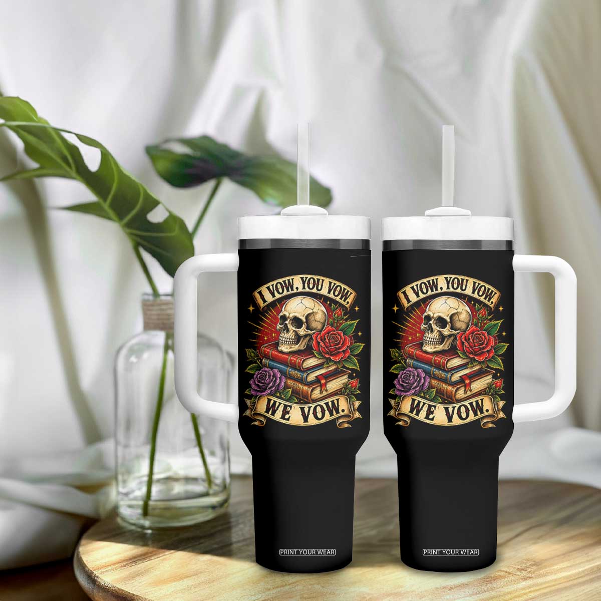 Vintage Skull Roses Gothic Dark Academia Aesthetic Tumbler With Handle I Vow You Vow We Vow Fantasy Fiction Bookish Gift