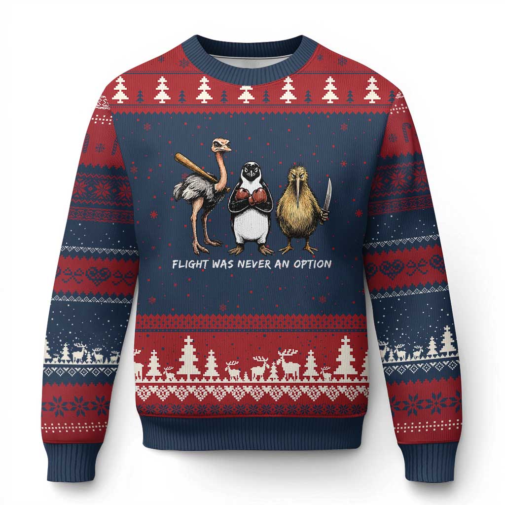 Flight Was Never An Option Flightless Birds Ugly Christmas Sweater Funny Ostrich Penguin Kiwi Brawler Dark Humor Graphic TS02 Navy Red Print Your Wear