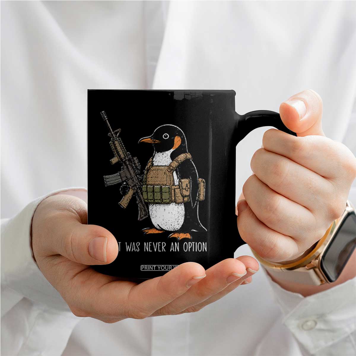 Flight Was Never An Option Tactical Penguin Coffee Mug Funny Military Camo Vest Combat Animal Dark Humor Graphic