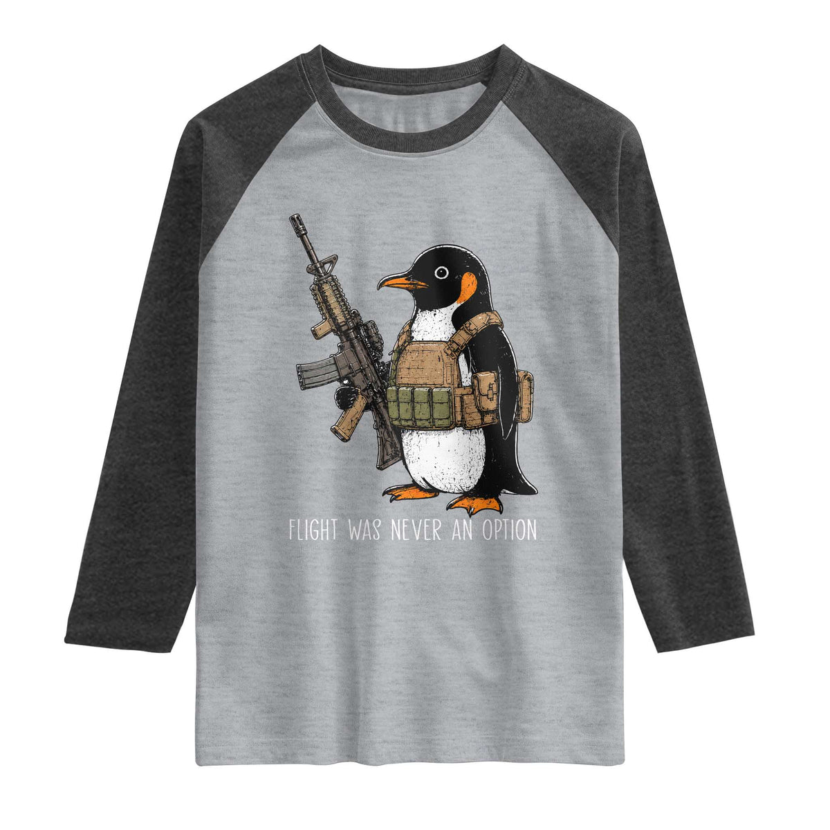 Flight Was Never An Option Tactical Penguin Raglan Shirt Funny Military Camo Vest Combat Animal Dark Humor Graphic