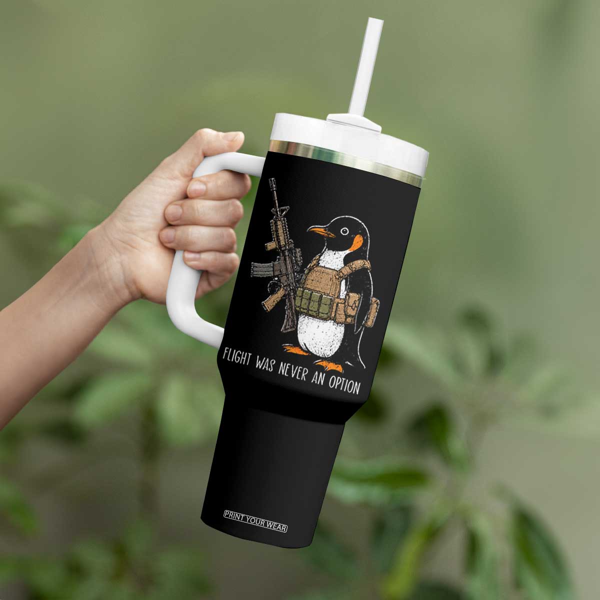 Flight Was Never An Option Tactical Penguin Tumbler With Handle Funny Military Camo Vest Combat Animal Dark Humor Graphic