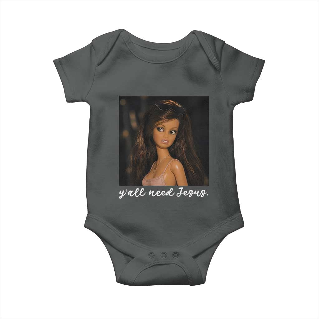 Yall Need Jesus Funny Doll Side Eye Meme Baby Onesie Sarcastic Southern Humor Religion Faith TS02 Dark Heather Print Your Wear