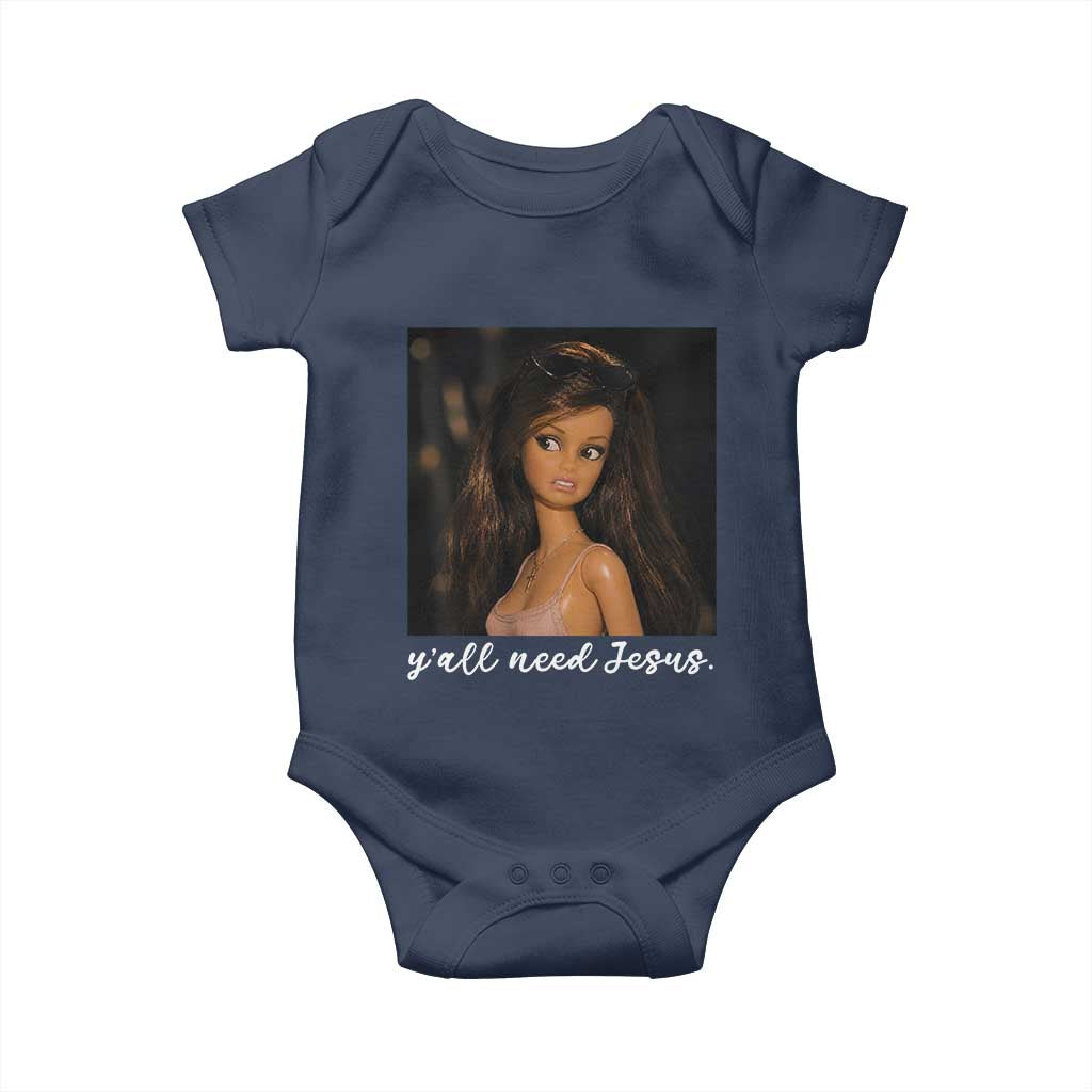 Yall Need Jesus Funny Doll Side Eye Meme Baby Onesie Sarcastic Southern Humor Religion Faith TS02 Navy Print Your Wear