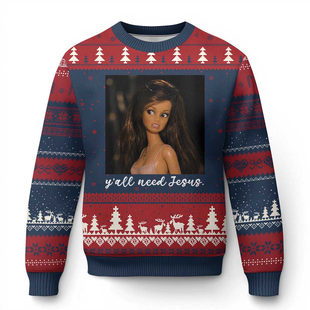 Yall Need Jesus Funny Doll Side Eye Meme Ugly Christmas Sweater Sarcastic Southern Humor Religion Faith TS02 Navy Red Print Your Wear