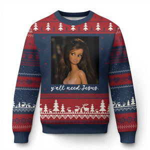 Yall Need Jesus Funny Doll Side Eye Meme Ugly Christmas Sweater Sarcastic Southern Humor Religion Faith TS02 Navy Red Print Your Wear