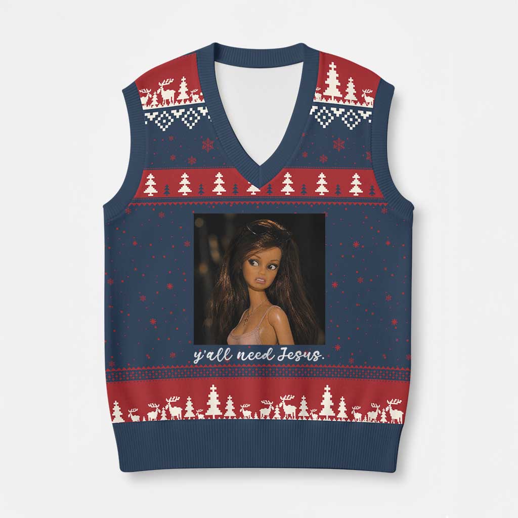 Yall Need Jesus Funny Doll Side Eye Meme V-Neck Knit Sweater Vest Sarcastic Southern Humor Religion Faith TS02 Navy Red Print Your Wear