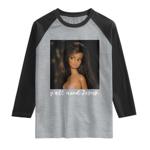 Yall Need Jesus Funny Doll Side Eye Meme Raglan Shirt Sarcastic Southern Humor Religion Faith TS02 Heather Gray Black Print Your Wear