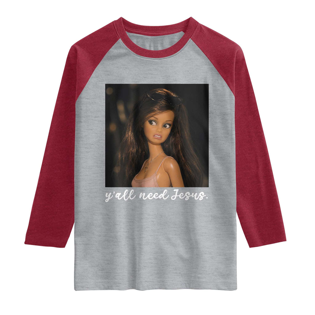 Yall Need Jesus Funny Doll Side Eye Meme Raglan Shirt Sarcastic Southern Humor Religion Faith TS02 Heather Gray Heather Red Print Your Wear