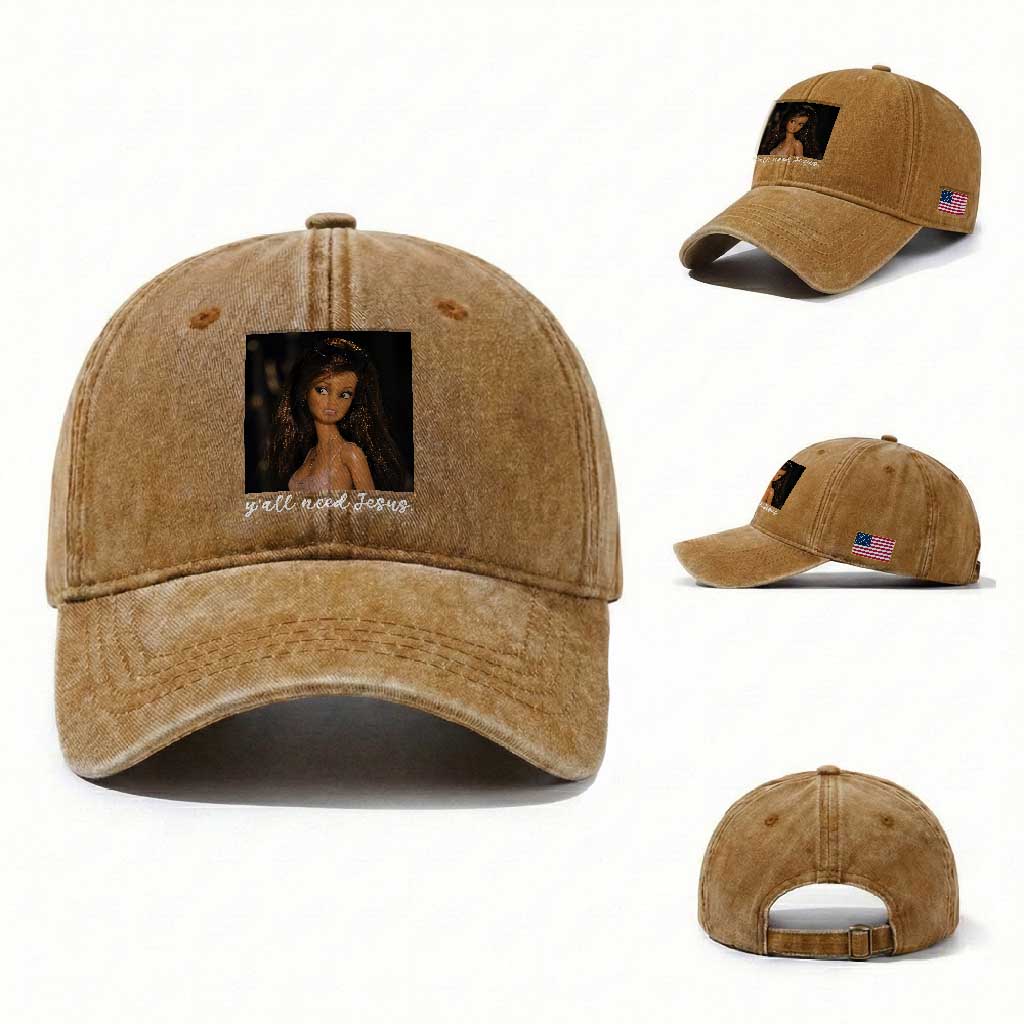Yall Need Jesus Funny Doll Side Eye Meme Washed Cotton Baseball Cap Sarcastic Southern Humor Religion Faith TS02 Washed Cap Universal Fit Yellow Ochre Print Your Wear