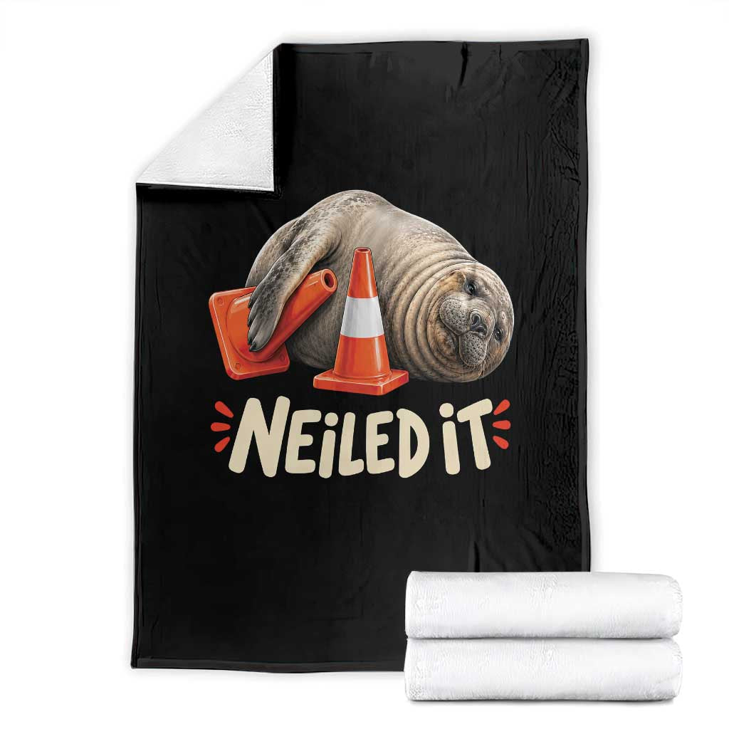 Funny Neil The Seal Nailed It Meme Throw Blanket Cute Chaotic Viral Elephant Seal Traffic Cone Pun TS02 Black Print Your Wear