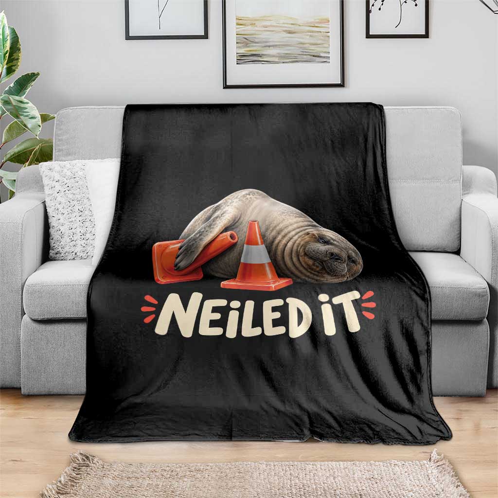 Funny Neil The Seal Nailed It Meme Throw Blanket Cute Chaotic Viral Elephant Seal Traffic Cone Pun TS02 Print Your Wear