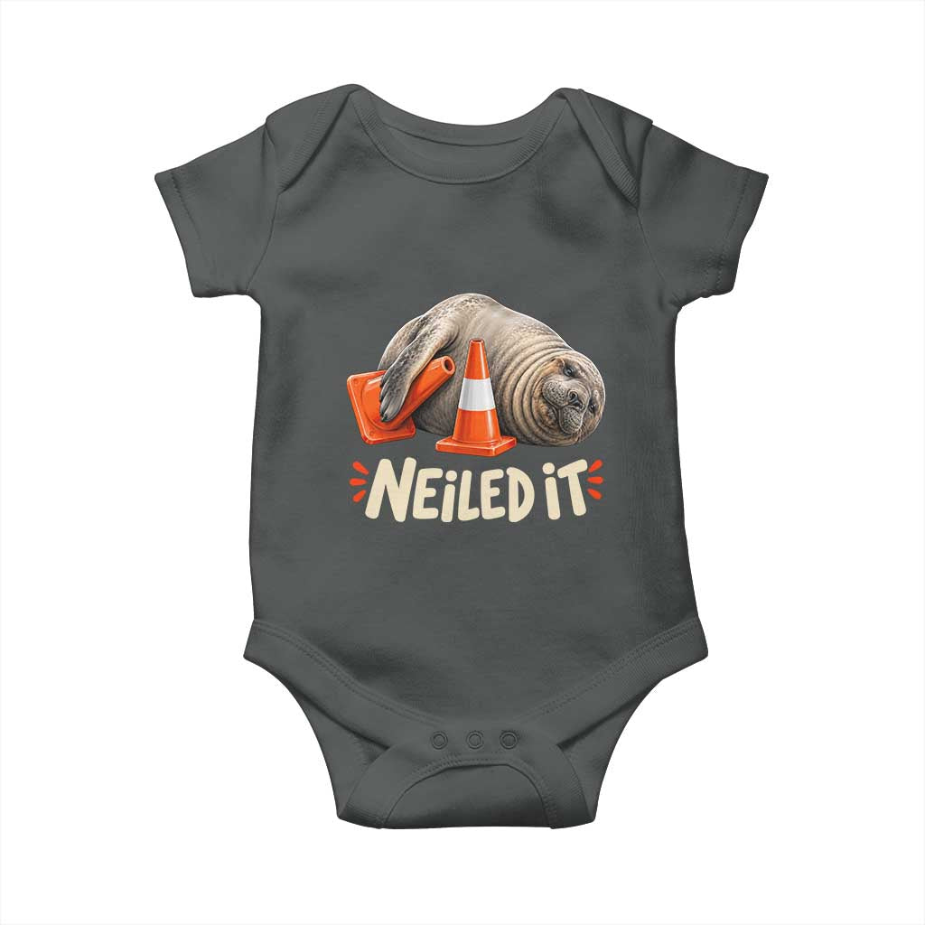 Funny Neil The Seal Nailed It Meme Baby Onesie Cute Chaotic Viral Elephant Seal Traffic Cone Pun TS02 Dark Heather Print Your Wear