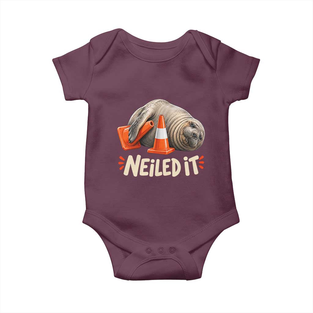Funny Neil The Seal Nailed It Meme Baby Onesie Cute Chaotic Viral Elephant Seal Traffic Cone Pun TS02 Maroon Print Your Wear