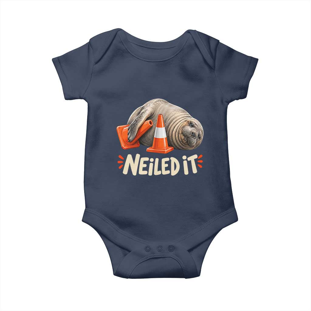 Funny Neil The Seal Nailed It Meme Baby Onesie Cute Chaotic Viral Elephant Seal Traffic Cone Pun TS02 Navy Print Your Wear