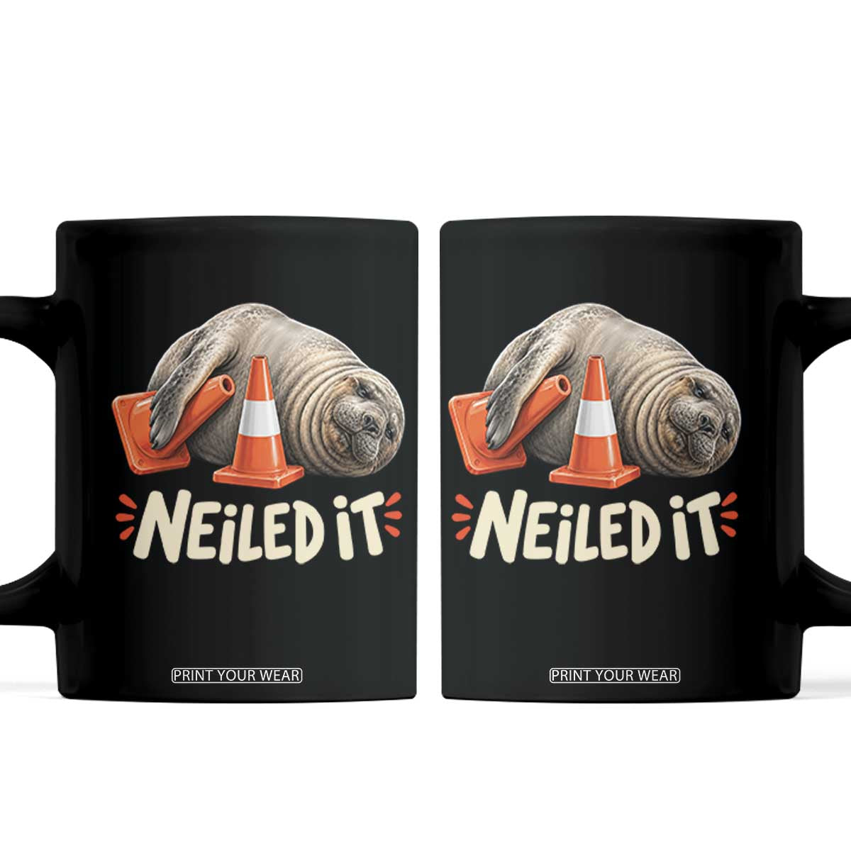 Funny Neil The Seal Nailed It Meme Coffee Mug Cute Chaotic Viral Elephant Seal Traffic Cone Pun TS02 Black Print Your Wear