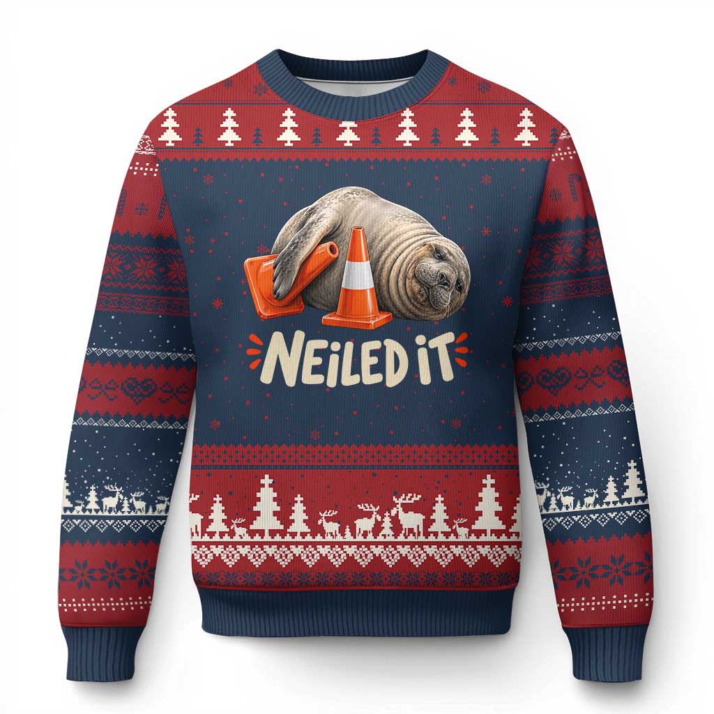 Funny Neil The Seal Nailed It Meme Ugly Christmas Sweater Cute Chaotic Viral Elephant Seal Traffic Cone Pun TS02 Navy Red Print Your Wear