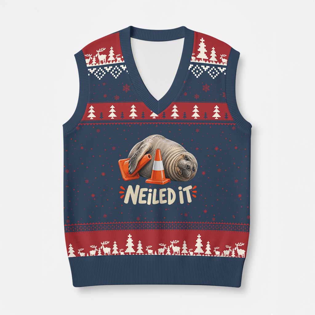 Funny Neil The Seal Nailed It Meme V-Neck Knit Sweater Vest Cute Chaotic Viral Elephant Seal Traffic Cone Pun TS02 Navy Red Print Your Wear