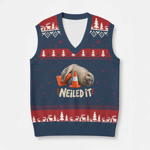 Funny Neil The Seal Nailed It Meme V-Neck Knit Sweater Vest Cute Chaotic Viral Elephant Seal Traffic Cone Pun TS02 Navy Red Print Your Wear