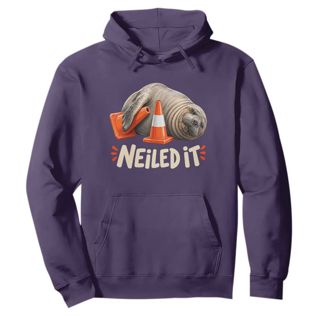 Funny Neil The Seal Nailed It Meme Hoodie Cute Chaotic Viral Elephant Seal Traffic Cone Pun TS02 Purple Print Your Wear