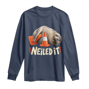 Funny Neil The Seal Nailed It Meme Long Sleeve Shirt Cute Chaotic Viral Elephant Seal Traffic Cone Pun TS02 Navy Print Your Wear