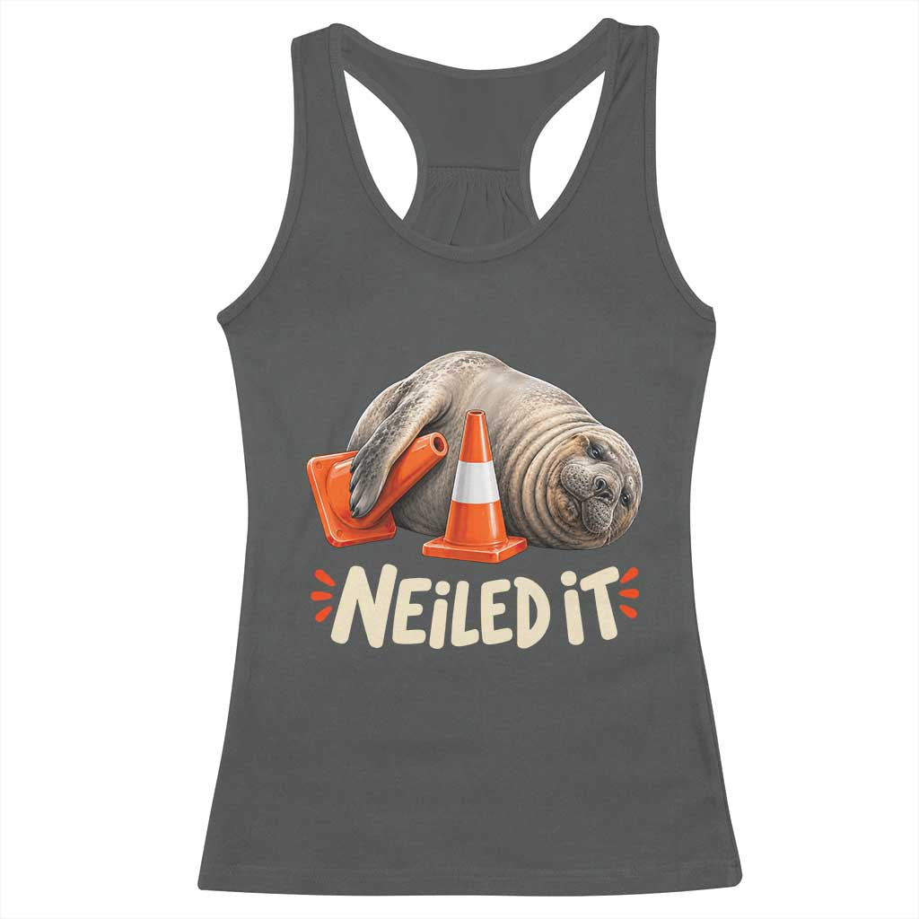 Funny Neil The Seal Nailed It Meme Racerback Tank Top Cute Chaotic Viral Elephant Seal Traffic Cone Pun TS02 Dark Heather Print Your Wear