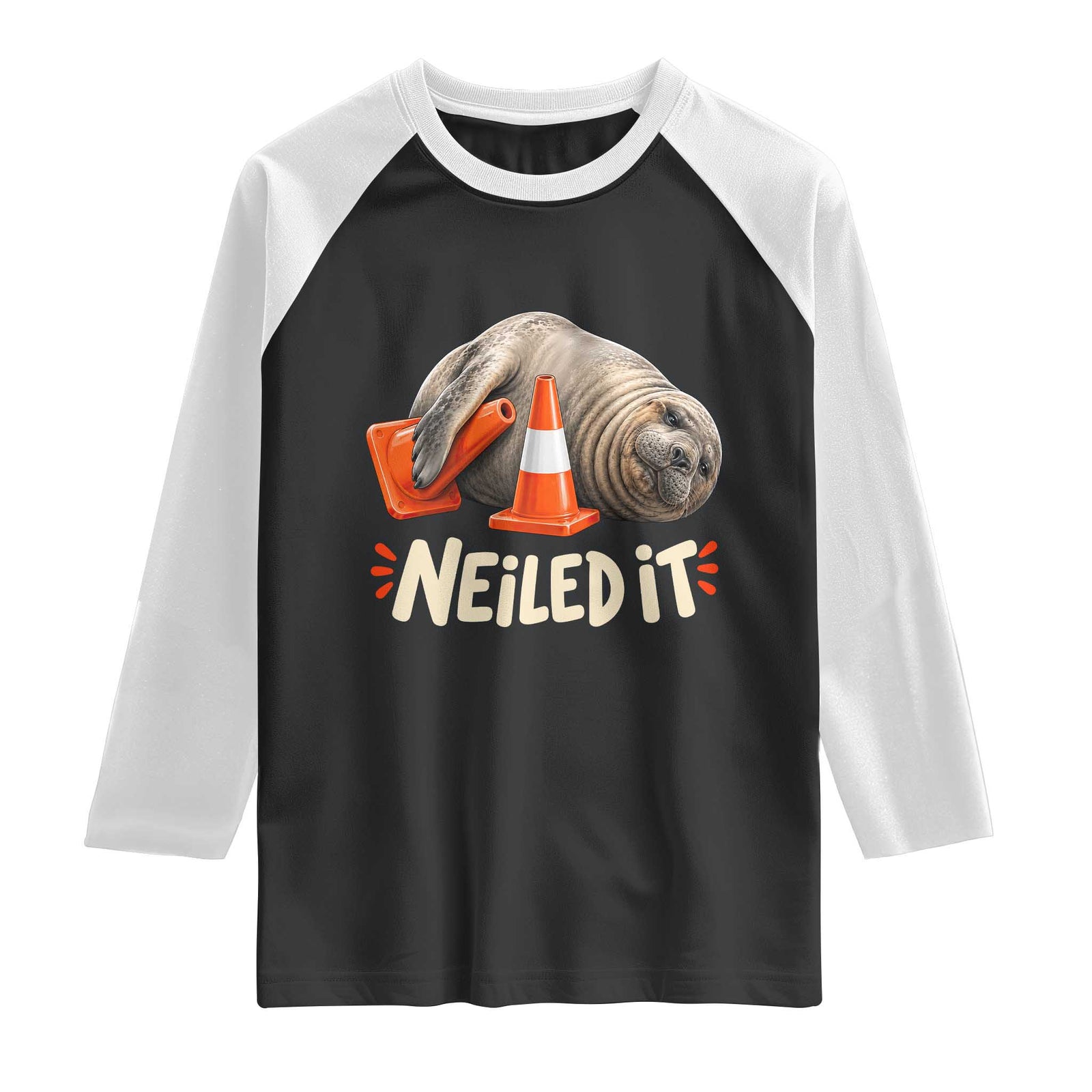 Funny Neil The Seal Nailed It Meme Raglan Shirt Cute Chaotic Viral Elephant Seal Traffic Cone Pun TS02 Black White Print Your Wear